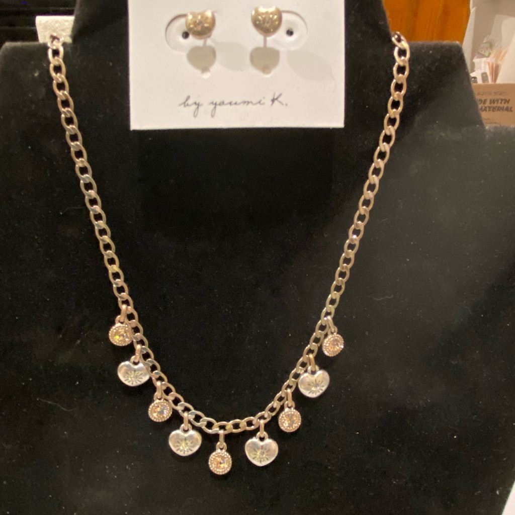 Gold And Silver Heart Charm Necklace And Earring Set